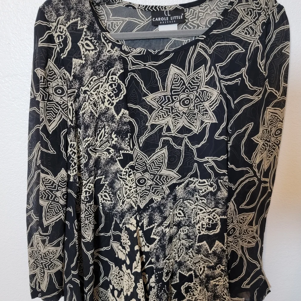 Carole Little VTG Black/Cream Floral Long Sleeve Dress Sz 4